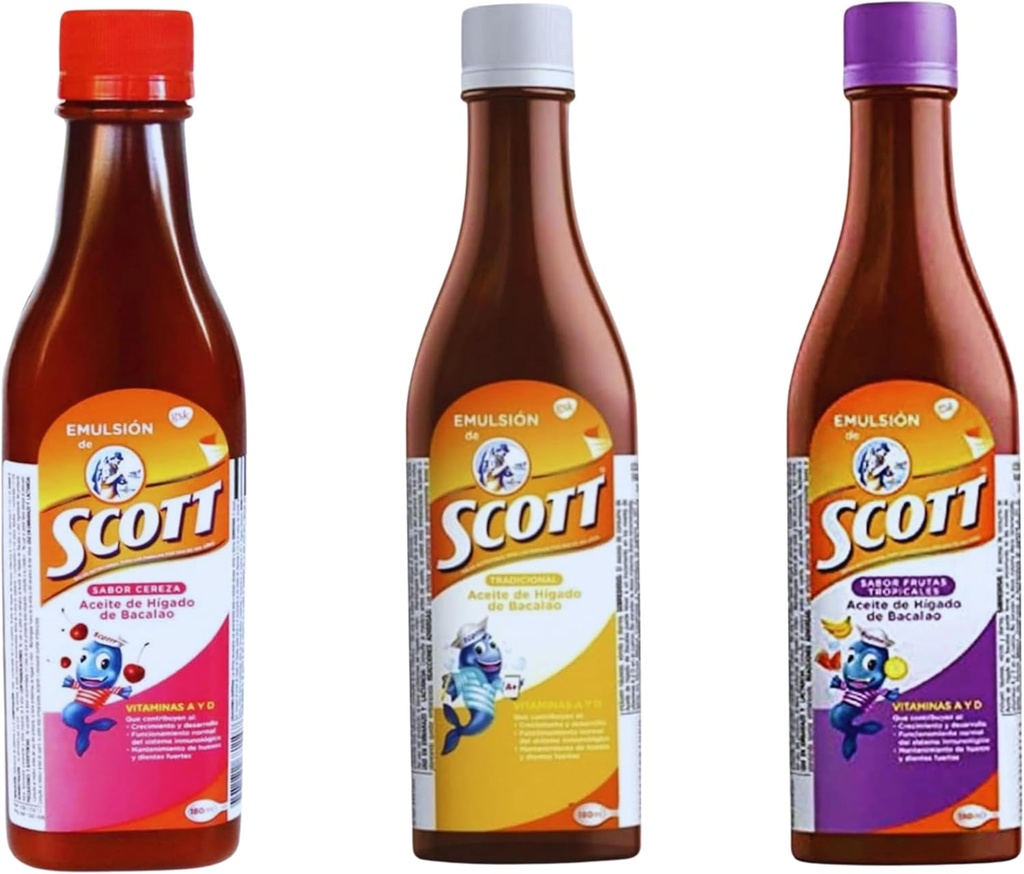 Emulsión de Scott 3 Pack Combo – Cod Liver Oil (Traditional, Cherry, Tropical Fruit Flavors) - 180ml Cada uno