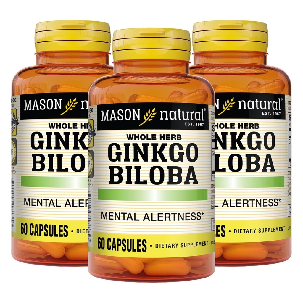 MASON NATURAL Ginkgo Biloba, 3 meses de suministro, ayuda a mejorar la alerta mental y la función cerebral óptima de soporte, 60 cápsulas (3 paquete)