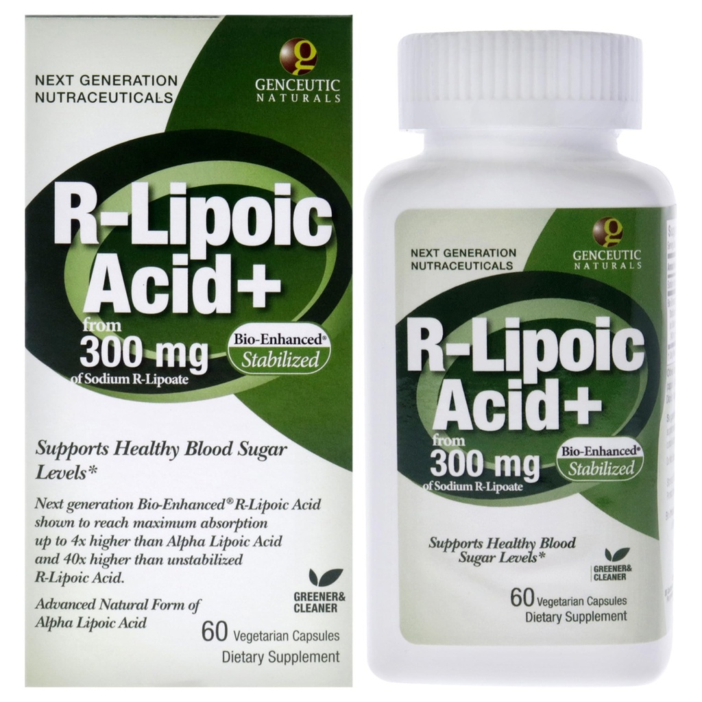 Genceutic Naturals R-Lipoic Acid Dietary Supplement TEN Vegetarian TEN Vegan TEN Gluten Free ← Non GMO TEN 300mg (60 Capsules)