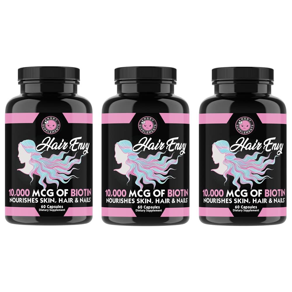 Suplementos Angry Hair Envy 10,000 mcg Biotin + Keratin, Crecimiento + Hidrate Hair, Fortalecer las uñas delgadas, Clear &amp; Nourish Skin – Help Damaged Thinning Hair, (3-Bottles)