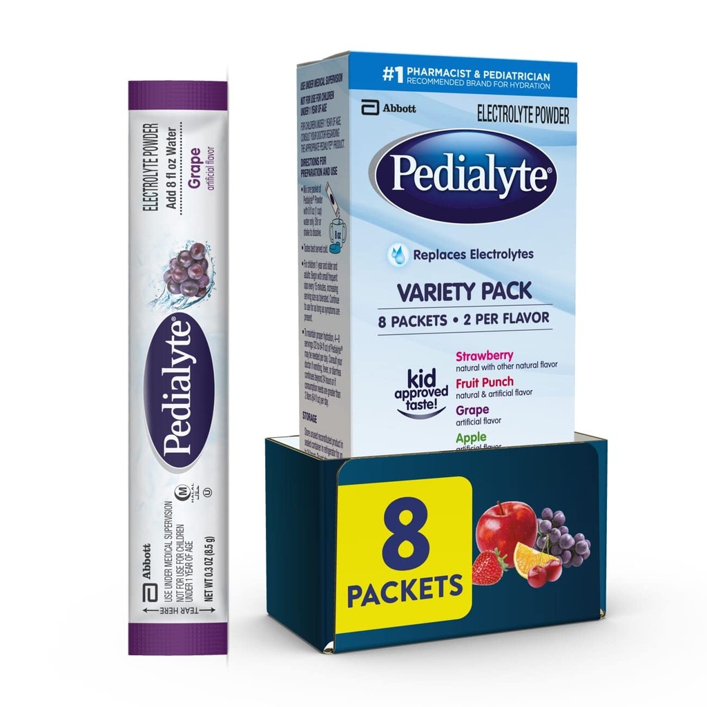 Pedialyte Electrolyte Powder tóxico Hydration Drink for Kids &amp; Adults ¦ Variety Pack: Grape, Strawberry Lemonade y Orange, 8 paquetes de polvo