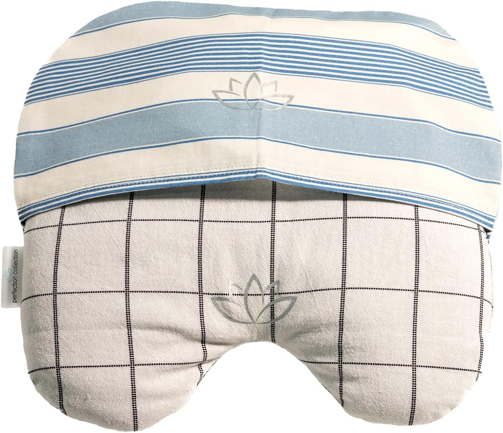 Máscaras de almohada de alivio de migraña con cubierta lavable de hueso: Flaxseed relleno para terapia de alivio de dolor caliente y frío (Adulto, blanco y negro, azul y raya de marfil)