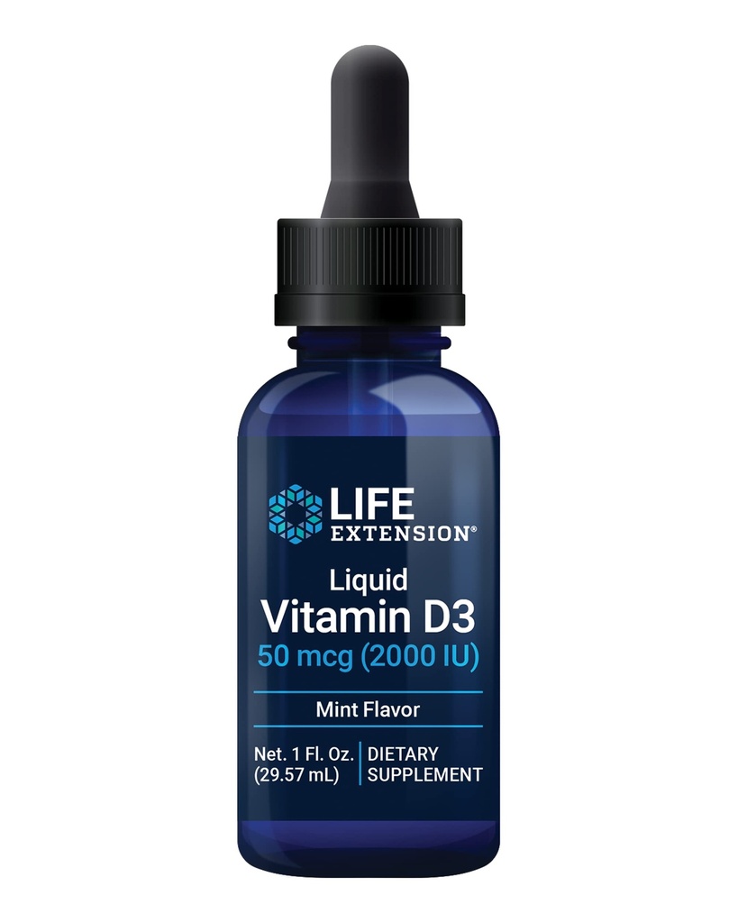Extensión de la vida Vitamina Líquida D3 (Mint), 50 mcg (2000 UI), Immune System Support, Bone Health, Whole-Body Health, Tasty Peppermint Flavor, Gluten Free, Non-GMO, 29.57 ml