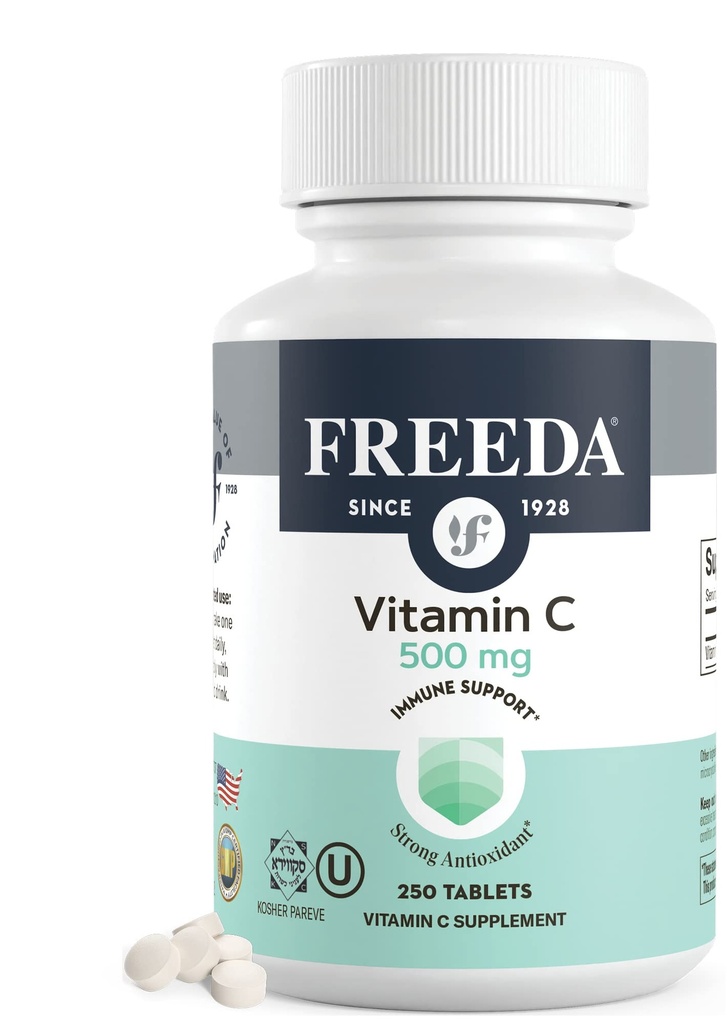 FREEDA Vegan Vitamina C 500mg – Kosher Immune Support & Antioxidant – Ayuda a mantener la piel sana y el cabello, soporta la absorción de hierro – sin gluten, sin lactosa, sin sabor artificial o color – 250 Tabletas