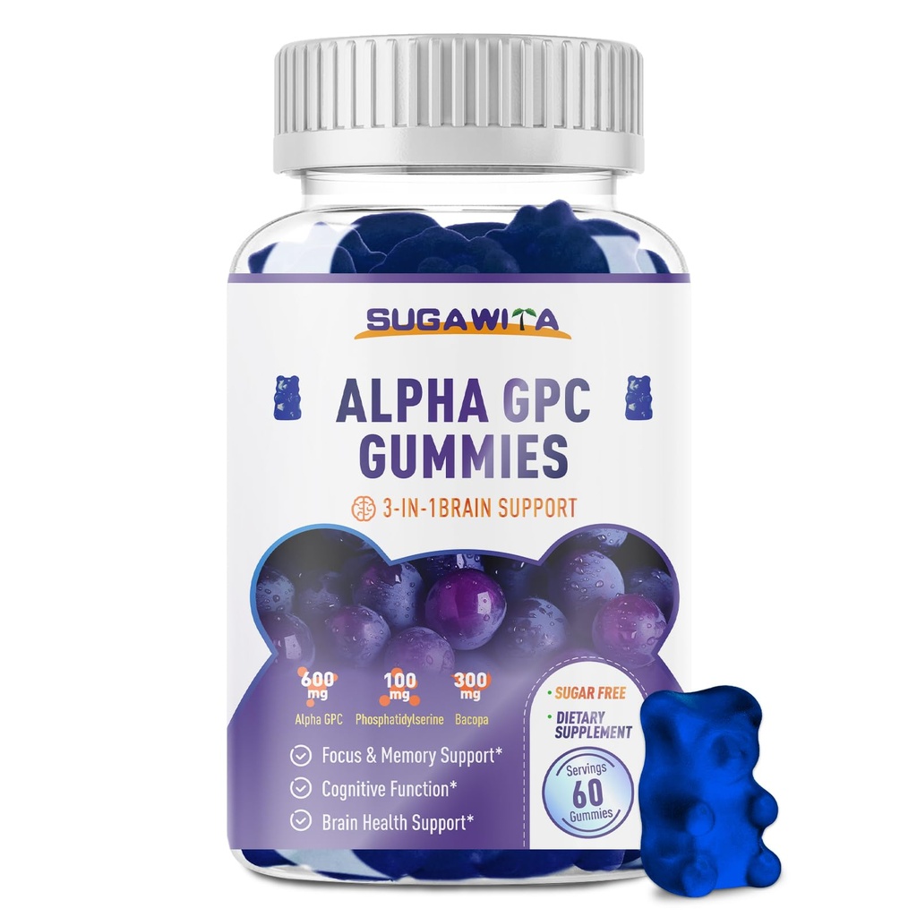 Alpha GPC Choline Gummies 600mg con Phosphatidylserine & Bacopa – 3-in-1 Brain Support for Memory, Focus &amp; Long-Term Cognitive Health – Sugar-Free, Natural Formula, 60 Condes