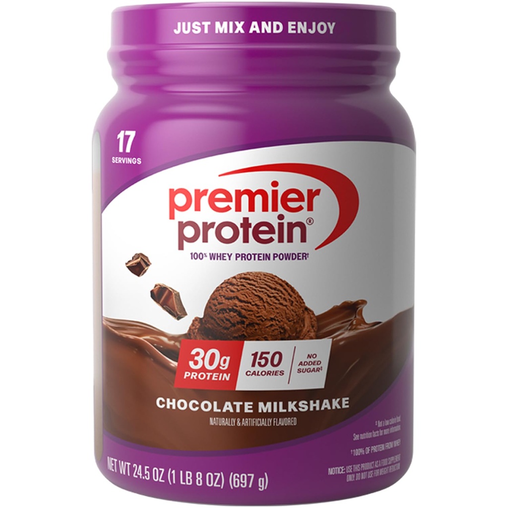 Premier Protein Powder, Chocolate Milkshake, 30g Protein, 1g Sugar, 100% Whey Protein, Keto Friendly, No Soy, Gluten Gratis, 24.5 oz (17 Servings)