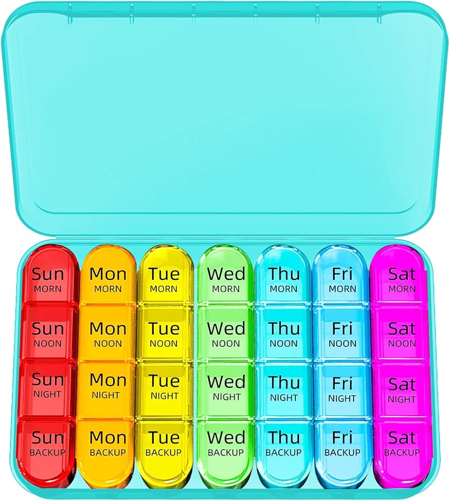 Odaro Organizador semanal de píldoras 4 veces al día, Caja de píldoras diarias 7 días, caja grande de la pila de viaje con 28 Compartimiento para mantener la medicina, la vitamina y el suplemento - Caso Cyan
