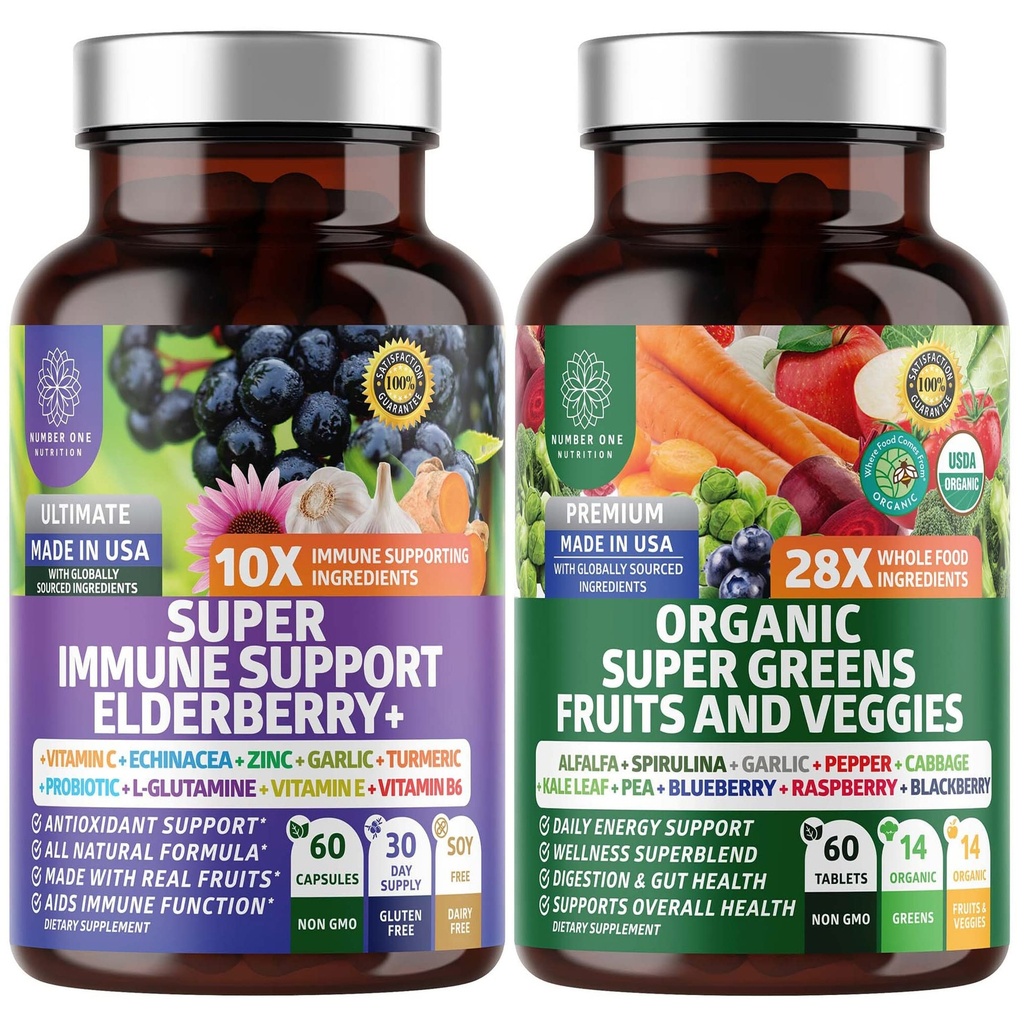 N1N Premium Organic Super Fruits & Veggies + Immune Support [38 Ingredientes potentes], Natural Super Greens Suplemento con Alfalfa, Vitaminas & Minerales, Zinc, Turmérica y Probiótico, 120 Caps