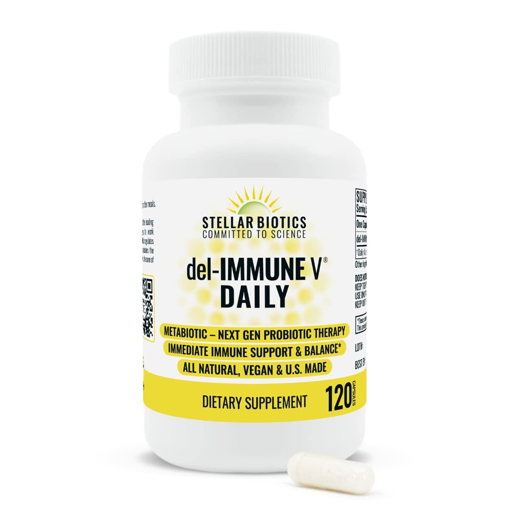 Del-Immune V® Daily by Stellar Biotics, All-Natural Immune Support &quot Gut Health, Inmediata atención, Metabiótico: NextGen Probiotic Therapy (120 Caps)