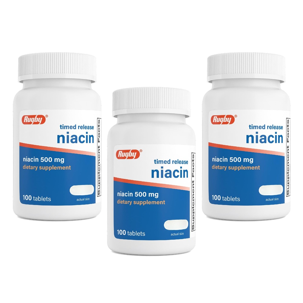 Rugby Timed-Release Niacin 500mg con 28mg Calcio, Suplemento dietético para Energía, Circulación y Metabolismo Apoyo, 100 Tabletas (3 Pack)