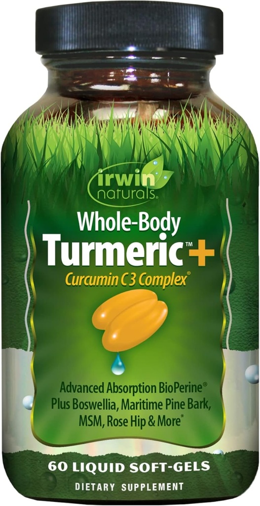 Irwin Naturals Whole-Body Turmeric+ - 60 Liquid Softgels - BioPerine Complex Enhanced Absorption - 30 Total Servings