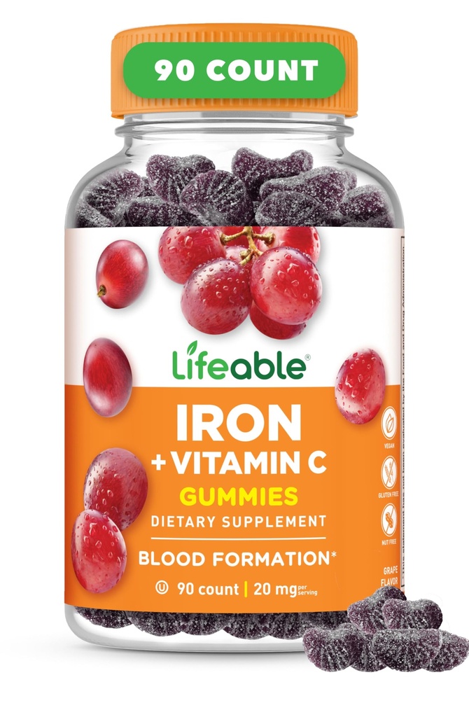 Gummies de Hierro Lifeable ← 20mg Silencio con Vitamin C ← Gran Tasting Blood Builder Suplemento de Hierro Silencio con Vitamina C para la Deficiencia de Hierro