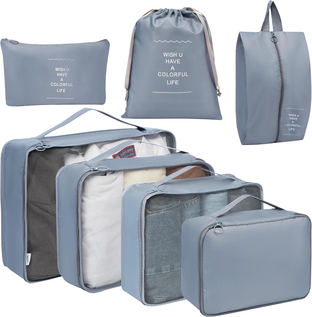Toplive 7 Conjunto Cubos de embalaje para viajes, equipaje Organizador Bolsas para accesorios " Esenciales, Cubos de compresión para maletas, Gray