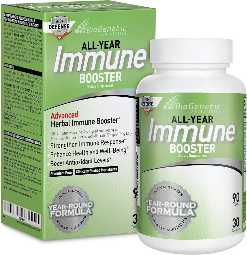 BioGenetic Laboratories Immune Booster con Elderberry, Vitamina C, Vitamina A, Vitamina D y Zinc - Multi-System Immune Defense y Herbal Immune Support - Year-Round Potent Support (90 cápsulas)