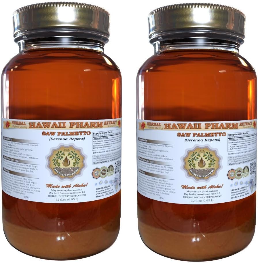 Saw Palmetto Liquid Extract, Organic Saw Palmetto (Serenoa Repens) Tintura, Herbal Suplemento, Hawaii Pharm, Made in USA, 2x32 fl.oz