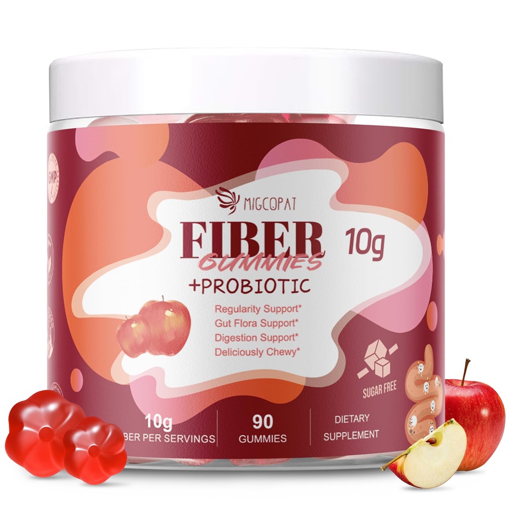 Mangas de fibra con probióticos,10G fibra por servicio No azúcar añadido sabor de manzana, con 10 millones de probióticos de CFU Blend, vinagre de manzana, vitamina C, inulina, apoyo a la limpieza 90 cuenta