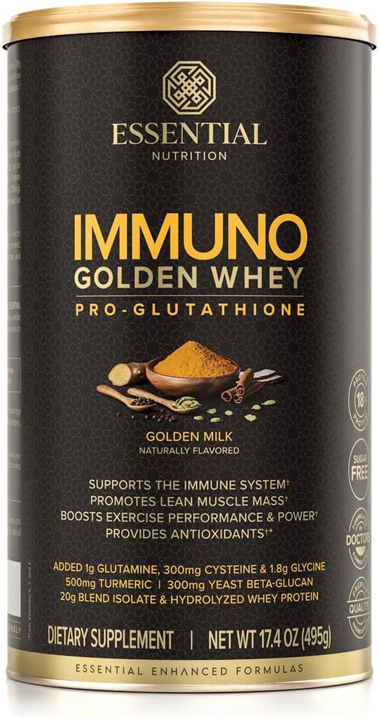 Inmuno de nutrición esencial Whey - Hidrolyzed Whey Protein Powder, Whey Protein Isolate, 18g Protein Por Serving, Amino Acids, Glutathione Production - Extracto Turmérico - Milk Dorado - 17.4oz