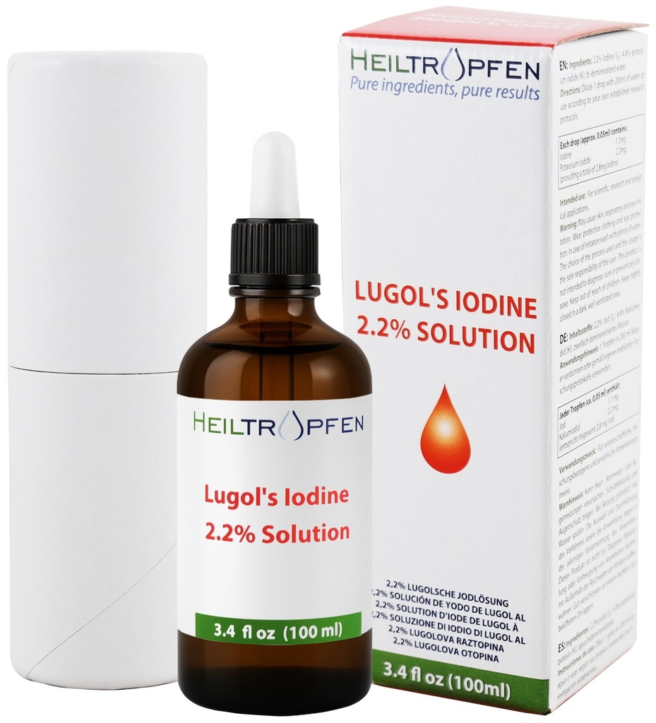 2.2% Solución de yodo de Lugol 3.4 Fl Oz peru Ingredientes de Grado Farmacéutico ← Solución de Lugols Hecho con yodo y Ioduro de Potasio. Heiltropfen®