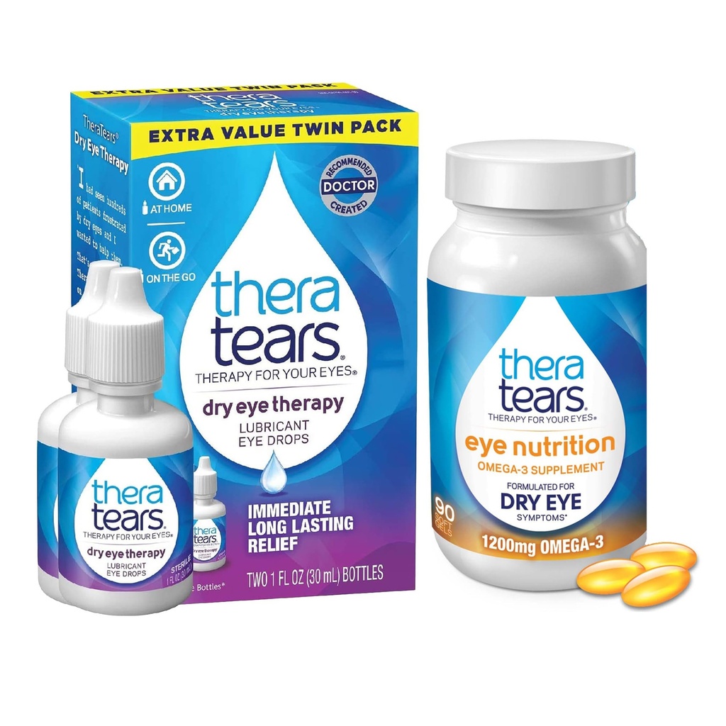 TheraTears 1200mg Omega 3 Supplement for Eye Nutrition, and VIT E, 90 Count Eye Drops for Dry Eyes, Twin Pack, 30mL 1 Fl oz Each (Packaging May Vary)