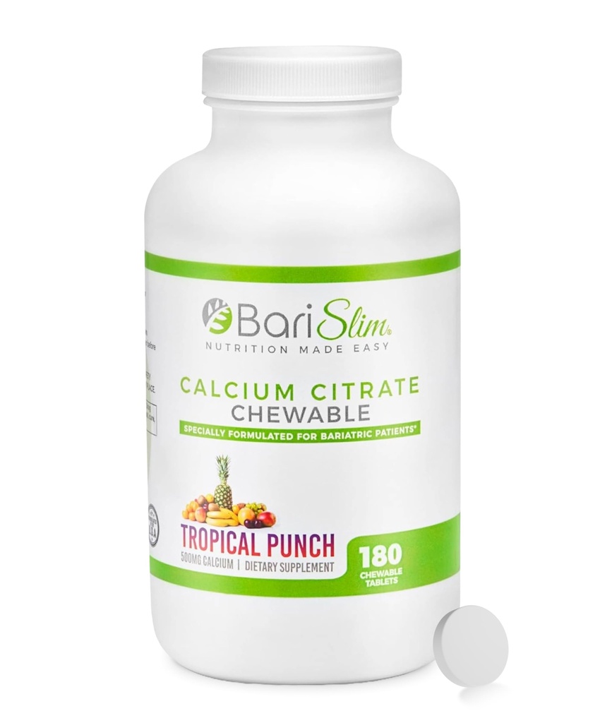 Citrate de calcio bariSlim Bariatric con placas de Magnesio y Vitamina D - 500 mg de Citrate de Calcio por Servir - Formulado para Pacientes Después de la Pérdida de Peso Cirugía