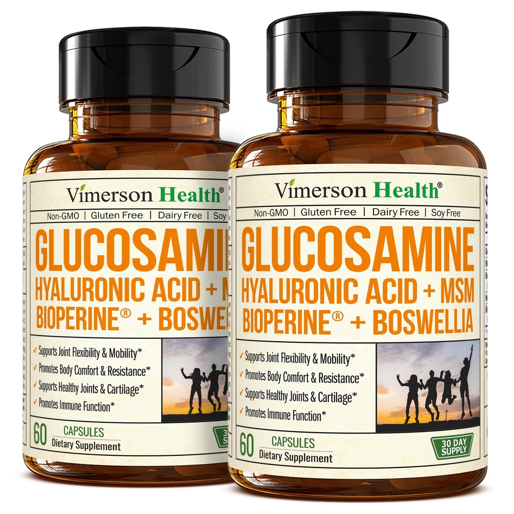Sulfato de Glucosamina con ácido hialurónico, Boswellia, Black Pepper & MSM Suplemento – 5-en-1 Suplementos Conjuntos para Hombres y Mujeres – Salud Conjunta, Movilidad & Bone Strength – FSA Eligible 2 Pack