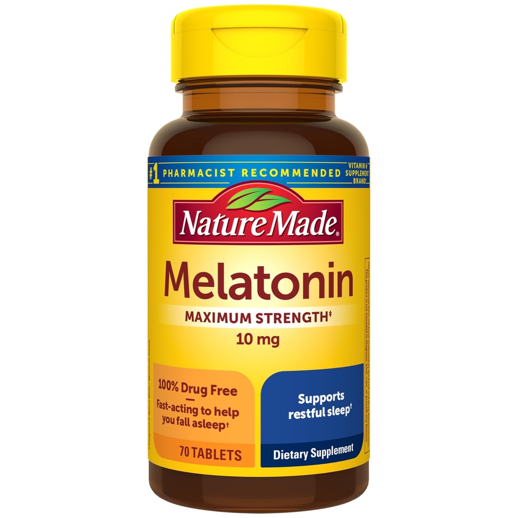 Nature Made Melatonin 10mg Maximum Strength Tablets, 100% Drug Free Sleep Aid for Adults, Melatonin for Adults, 70 Cuenta, 70 Day Supply