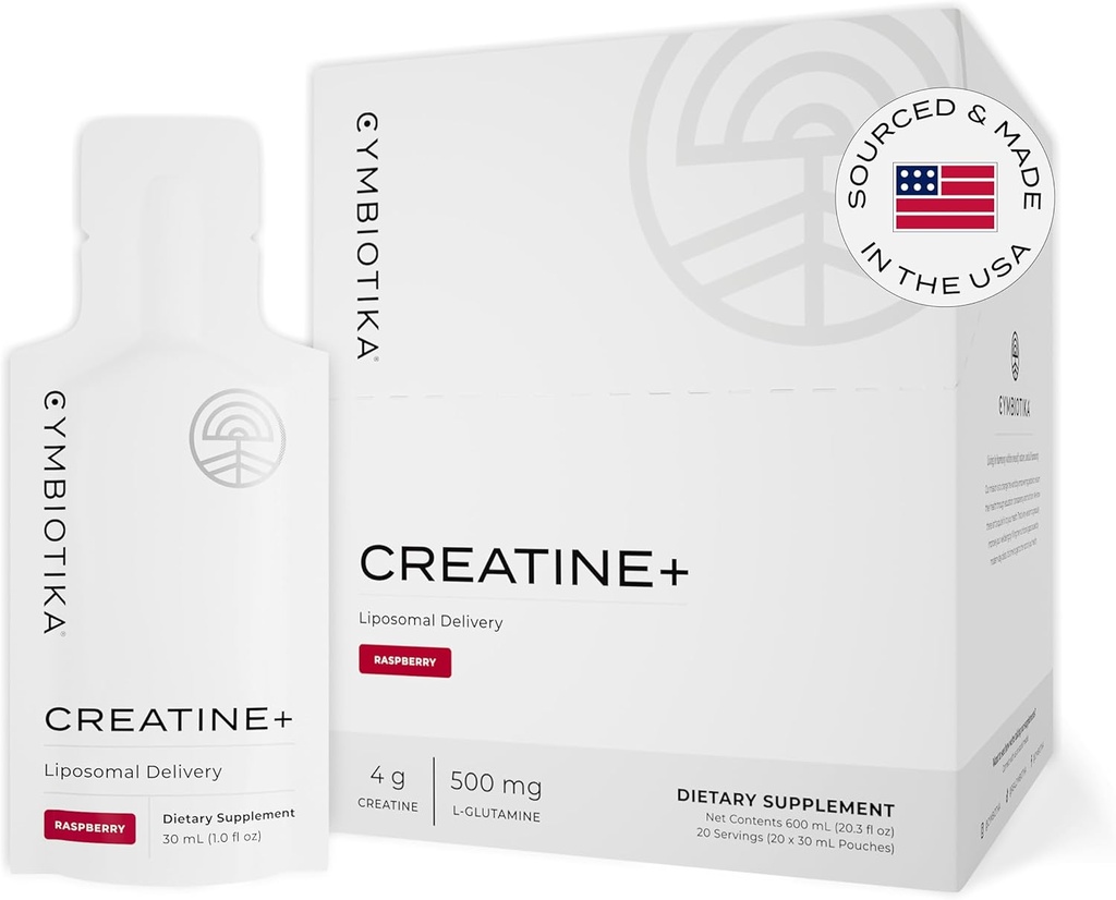 CYMBIOTIKA Creatine+, Creatine and Glutamine Supplement for Amino Energy, Recovery, Muscle Mass &amp; Brain Support, Liposomal Delivery, Gluten Free &amp; Vegan, Raspberry Flavor - 30ml Pouches (Pack of 20)