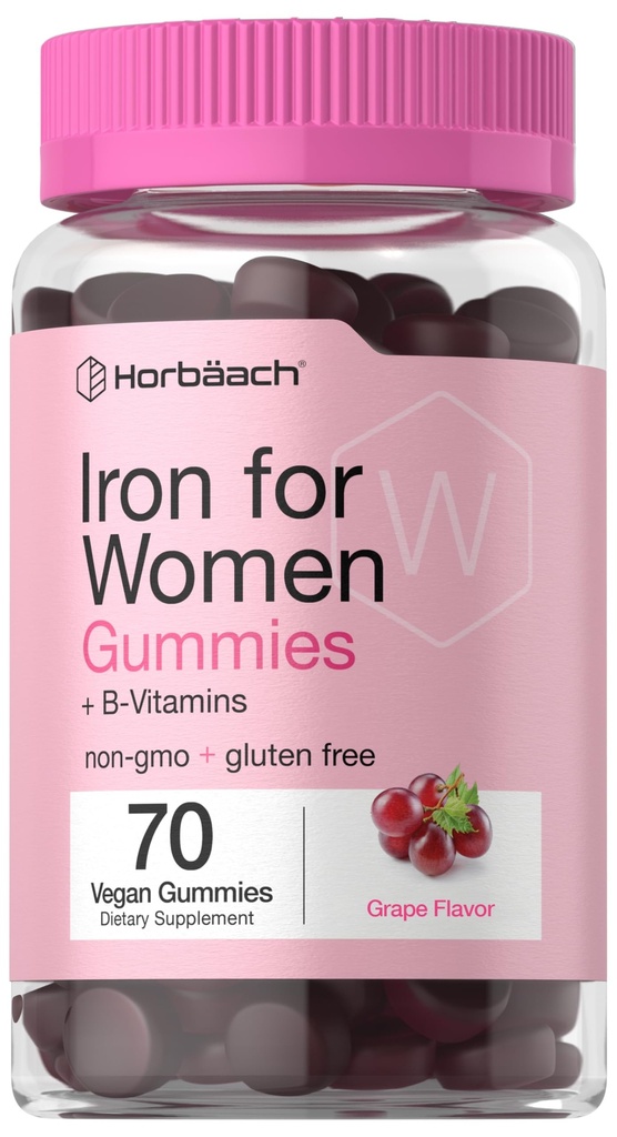 Horbäach Iron Gummies for Women tención 70 Conde ← Grape Flavor tención Suplemento con B Vitaminas Folate y Zinc viv Vegan, Non-GMO & Gluten Free