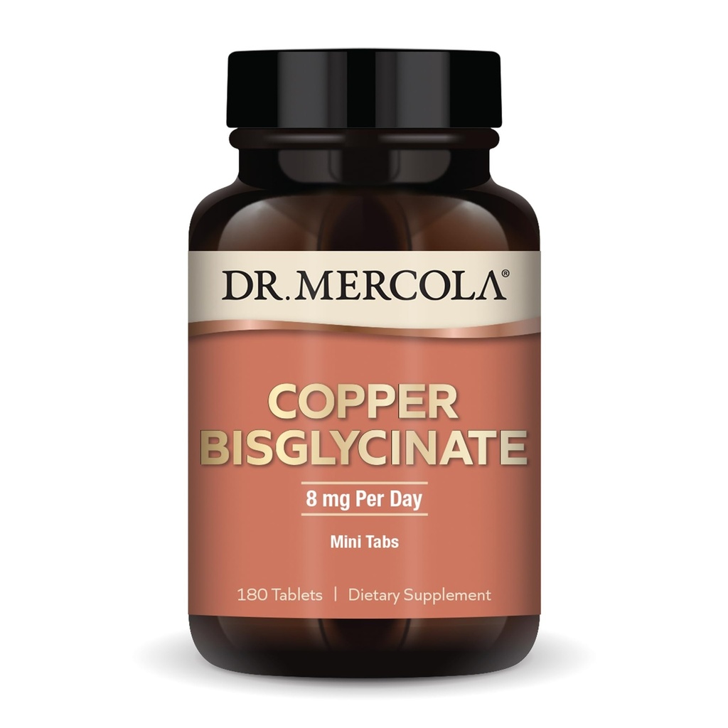 Dr. Mercola Copper Bisglycinate, 90 Servings (180 Tablets), Suplementos dietéticos, 8 mg por día, Mini Tabs, Apoyos Salud general, No GMO