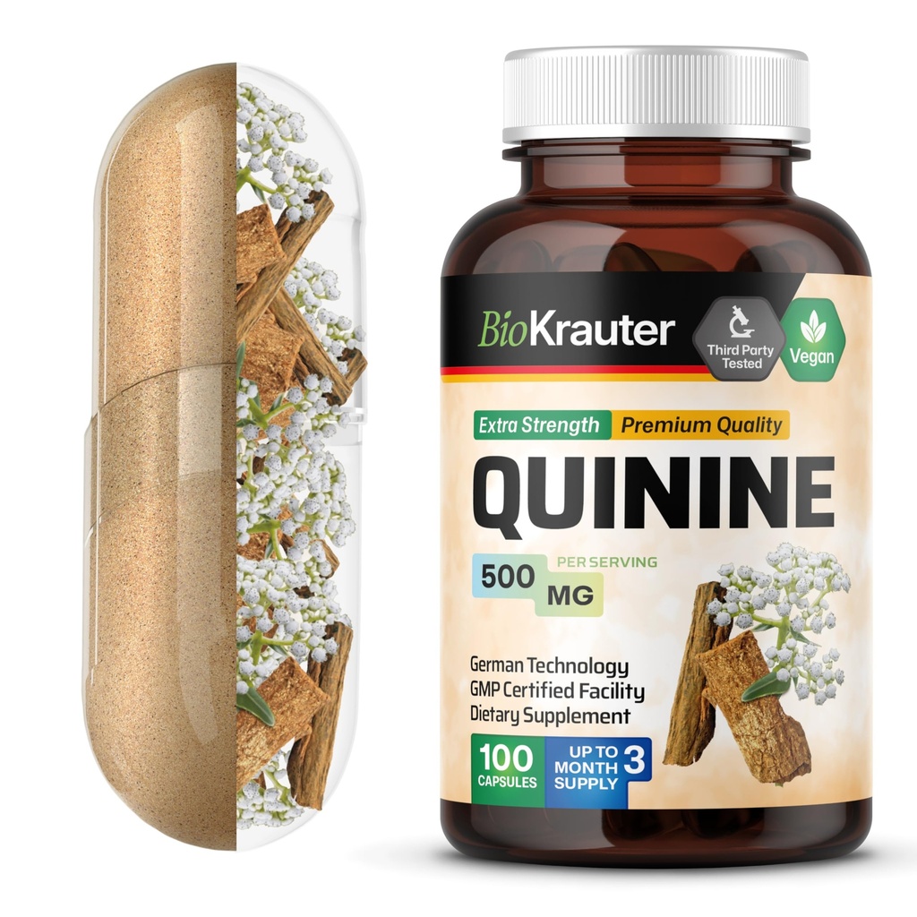 BIO KRAUTER Quinine for Leg Cramps Capsules 500 mg - 100 Conde - Cinchona Bark Powder - Quinine Capsules - Vegan, No Fillers