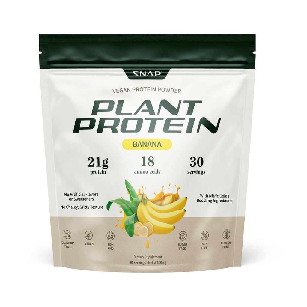Snap Supplements Organic Plant Based Vegan Protein Powder Nitric Oxide Boosting Protein Powder, BCAA Amino Acid for Muscle Growth, Performance &amp; Recovery - 30 Servings (Banana)