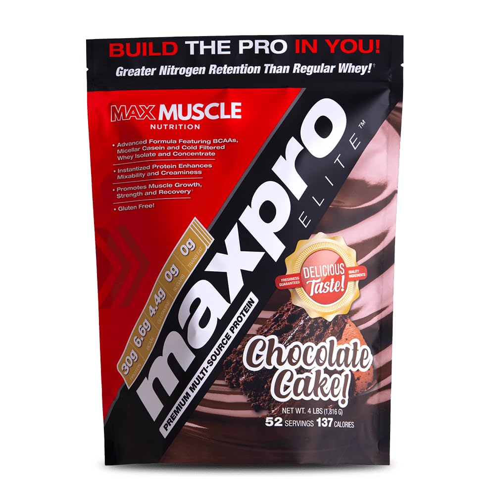 Max Muscle Maxpro Elite Whey Protein Powder ← 30g Protein Silencio 0g Sugar  6.6g BCAAs ← Micellar Casein Cold Filtrado Whey Isolate Protein ← Promueve el crecimiento muscular y la recuperación (Chocolate Cake, 4lb)