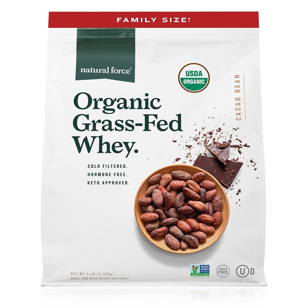 Natural Force Whey Protein Powder – Chocolate, 5 libras – Grass Fed Organic, Pure, Keto & Paleo Friendly, Low Carb, Kosher, Non GMO – Family Size A2 Protein