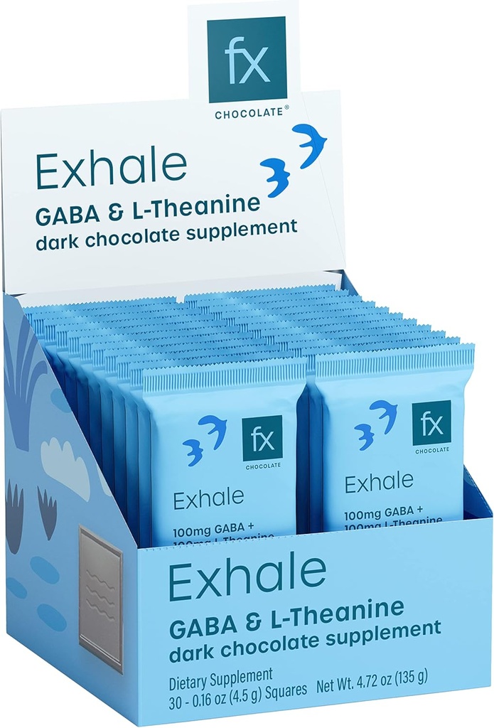 Fx Chocolate Exhale - Relajando suplemento de chocolate para soportar la calma + estrés Respuesta - Azúcar Cacao gratis con 100 mg GABA + 100 mg L-Theanine - Keto Dark Chocolate - Vegan + No GMO (30 piezas)