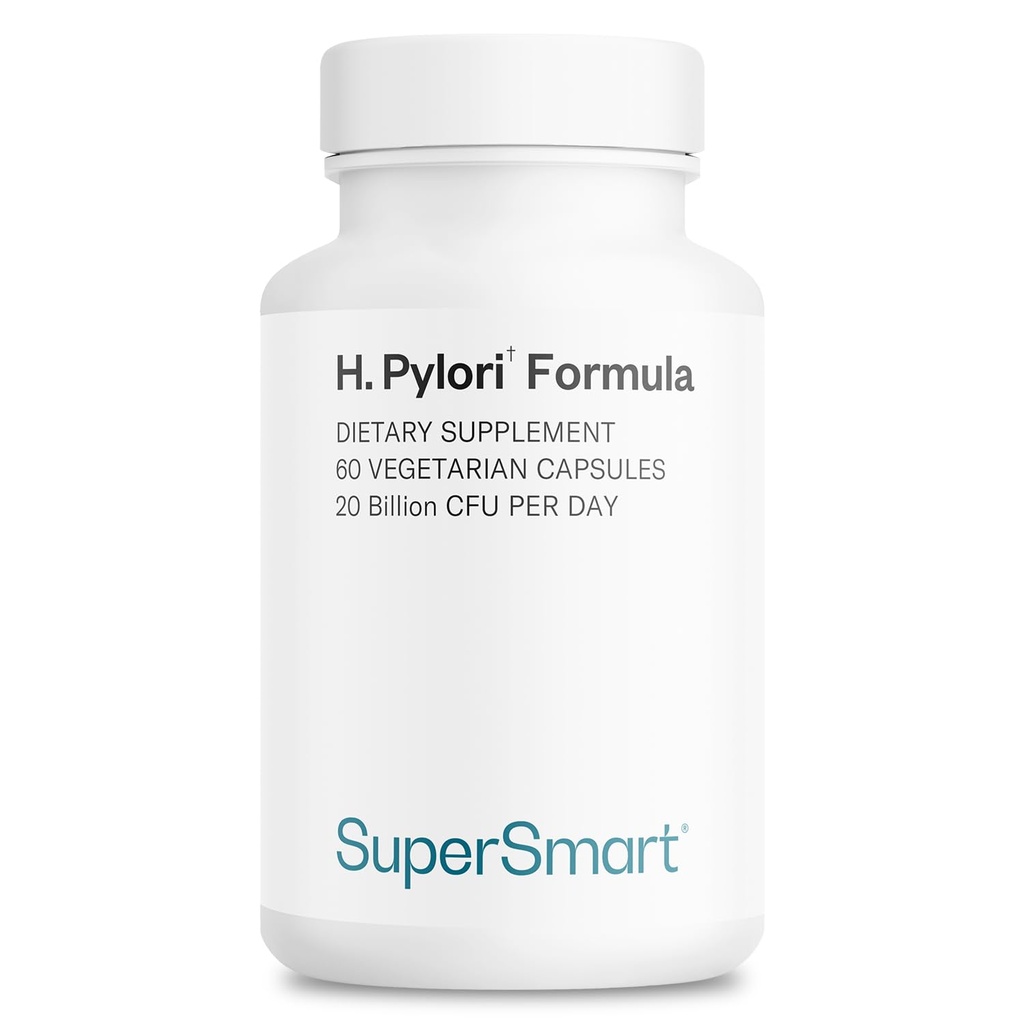 Supersmart H. Pylori Fórmula 20 Billion CFU por día (High Potency) - Pylopass Patented Probiotic Lactobacillus Reuteri DSM 17648 Suplemento Silencioso No Gluten Libre - 60 cápsulas vegetarianas