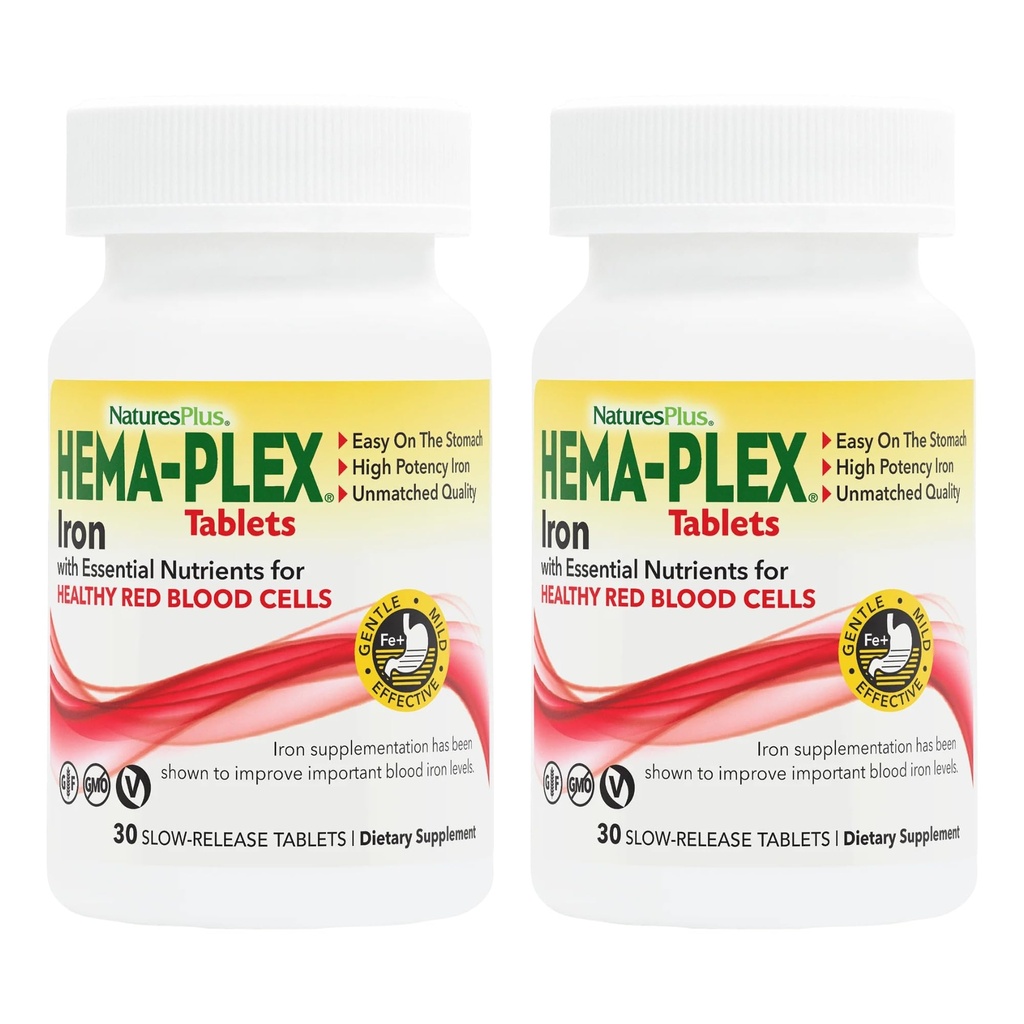 NaturesPlus Hema-Plex Iron - 30 Tablas de liberación lenta, Pack de 2 - Sangre total - 85 mg Hierro Chelated - con Vitamina C & Bioflavonoids - No GMO, Vegetariano " Gluten Gratis - 60 Total Servings
