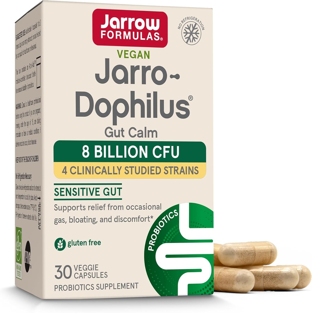 Jarrow Fórmulas® Jarro-Dophilus® Gut Calm Probiotic, 8 Billion CFU Suplemento para la Salud Digestiva, 30 cápsulas de liberación retrasada, 30 días de suministro
