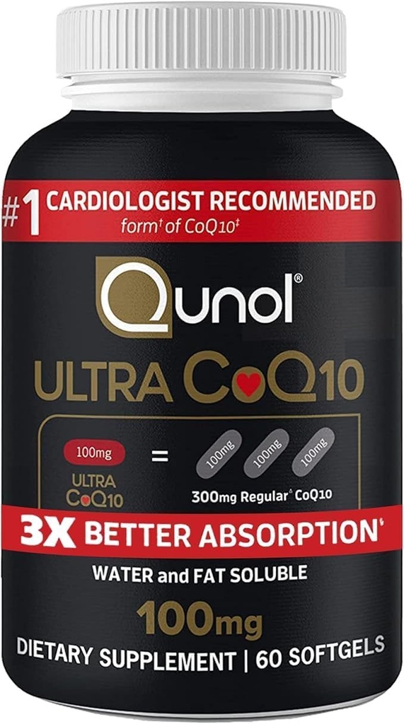 Qunol Ultra CoQ10 100mg 3X Mejor Absorción Agua Patenada y grasa Soluble Suplemento Natural Forma Coenzima Q10 Antioxidante para Paquetes de Salud del Corazón Softgels, 120 Cuenta