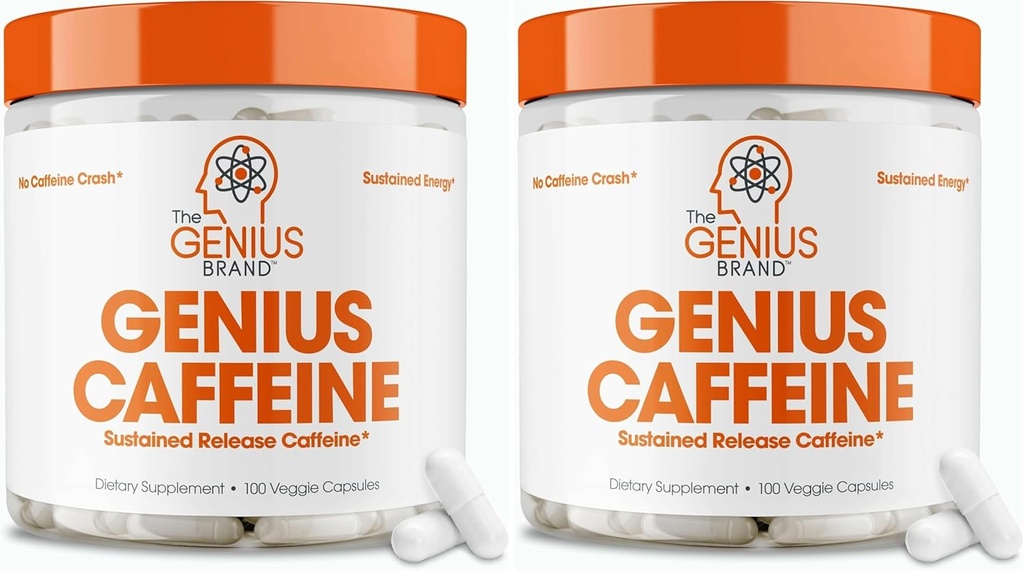 Genius Caffeine Pills 100mg, Extended-Release Microencapsulated Caffeine Pills - All-Natural Non-Crash Sustained Energy, Focus & Concentration Supplement - Nootropic Brain Booster - 100 cápsulas