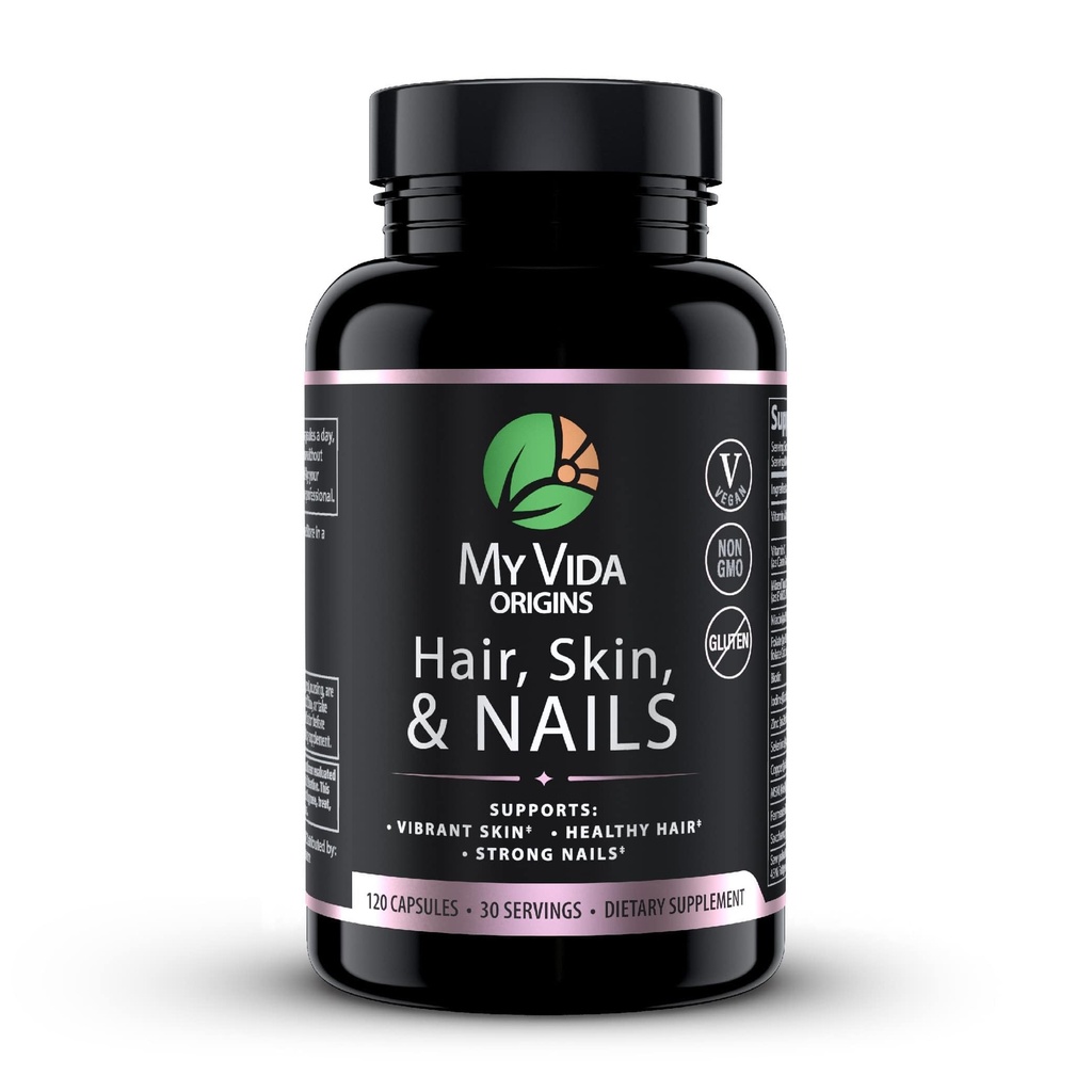 My Vida Origins Hair Skin and Nails ¦ Thicker Hair, Stronger Nails, Vibrant Skin ← Soporta la belleza natural Zinc, Biotin, Vitamina E ← Vegan 120 Capsules 1 Mes de Suministro