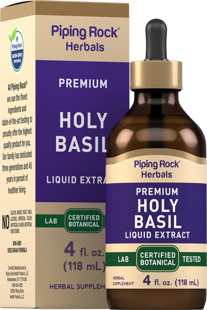 Piping Rock Santo Extracto líquido de Basil Silencioso 4 Fl Oz ← Tulsi Leaf Tincture Silencio Vegetariano, No GMO, Gluten Free Supplement
