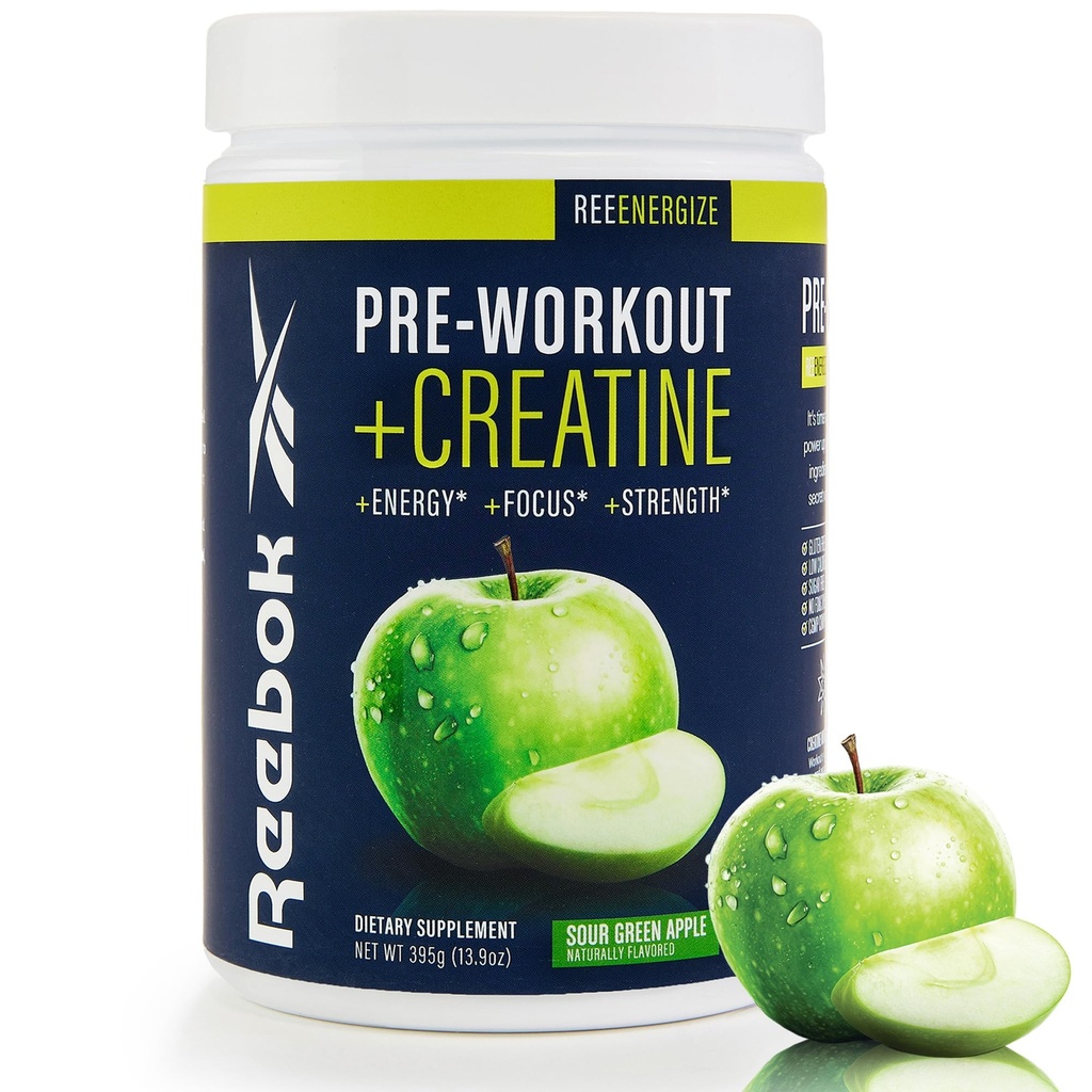 Reebok Pre-Workout Powder  200mg Natural Caffeine, 3g Creatine Monohydrate Silencio Clean Energy Pre Workout for Strength, Focus &amp; Pump ← Informed-Sport Certified ← ReeEnergize Silencio Green Apple