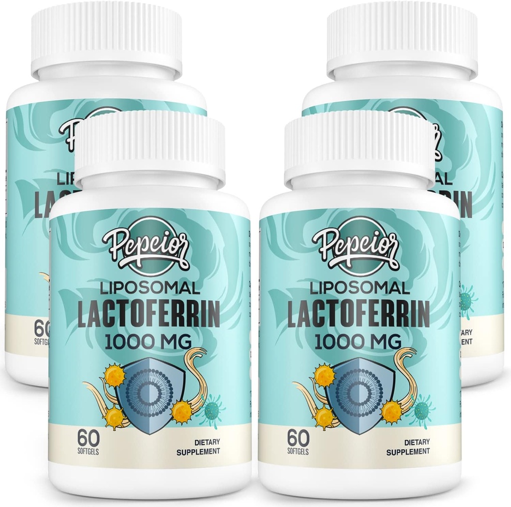 Liposomal Lactoferrina 1000 mg Dieta - Lactoferrina Maximizada - Un componente en Colostrum - para Absorción de Hierro &amp; Función de inmuno Lactoferrina Suplementos para adultos, 60 Softgels (4 Botella)