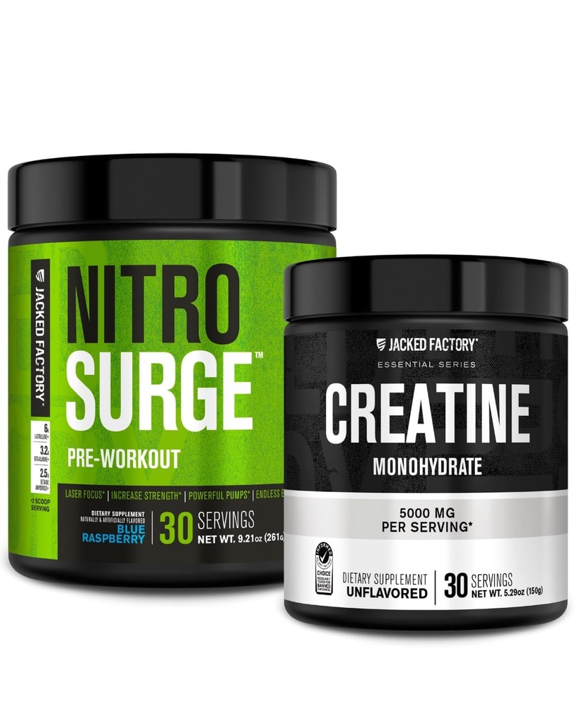 Fábrica de Jacked NITROSURGE Pre Workout Suplemento (Blue Raspberry) Creatine Monohydrate Powder 150g para el crecimiento muscular, mayor fuerza, energía mejorada