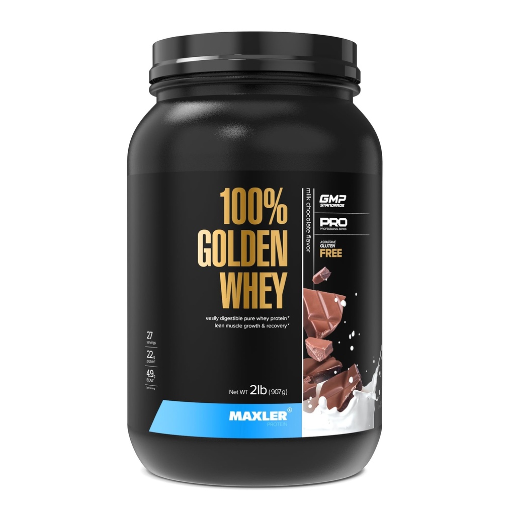 Maxler 100% Golden Whey Protein - 22g Protein por Serving - Premium Whey Protein Powder para Pre Post Workout - Fast-Absorbing Whey Concentrate Isolate & Hydrolysate Blend - Milk Chocolate Protein 2 lb