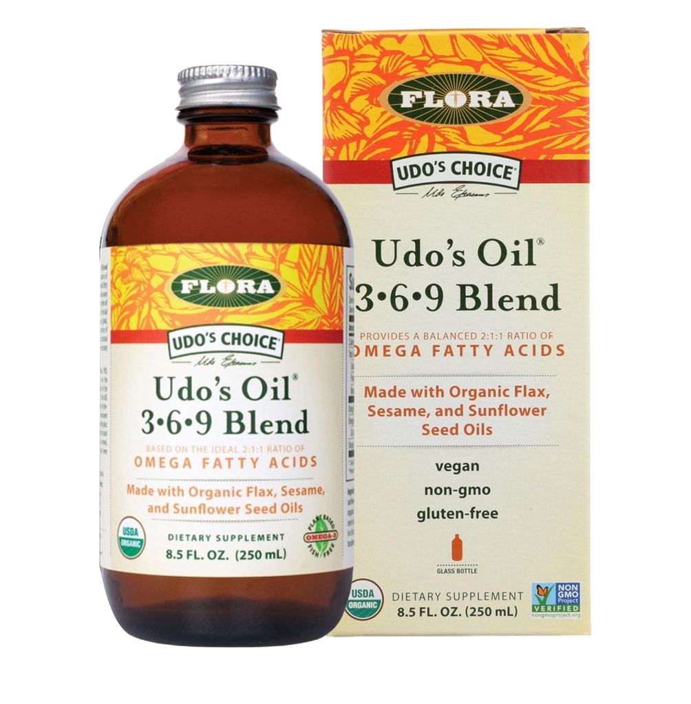 Flora - Udo's Choice Omega 369 Oil Blend, Made with Organic Flax, Sesame &amp; Sunflower Seed Oils, Plant-Based Vegan Omega Fatty Acids, Basado en Ideal 2:1:1 Ratio, 8.5-fl. oz. Botella de vidrio