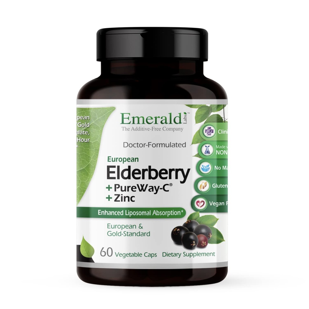 EMERALD LABS Elderberry Plus - Digestive &amp; Immune Support with European Elderberry Extract, Vitamin C as PureWay-C & Albion Chelated Zinc - Vegan &amp; Gluten-Free - 60 cápsulas vegetales (30-Day Supply)