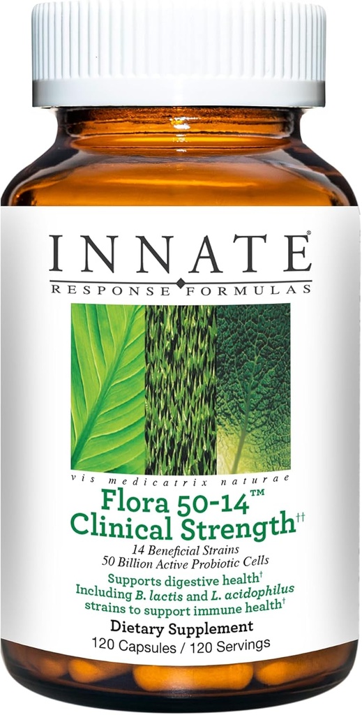 Respuesta inicial Fórmulas Flora 50-14 Fuerza clínica - Suplemento probiótico con 50 millones de UF - 14 Strains probióticos - Vegetariano y no GMO - Hecho sin 9 alérgenos alimentarios - 120 cápsulas