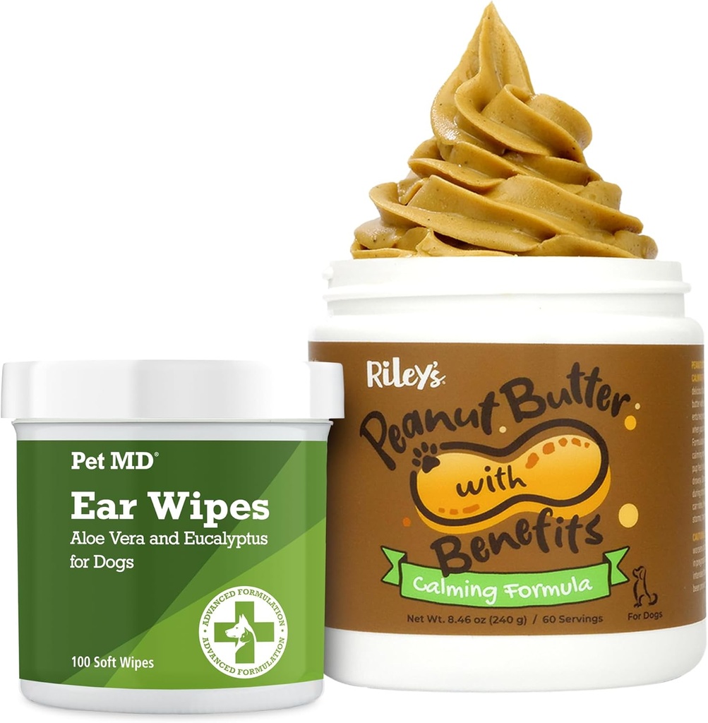 Pet MD Dog Ear Cleaner Wipes + Riley's Calming Peanut Butter for Dogs