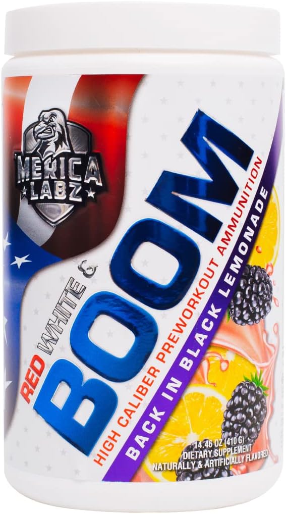 'Merica Labz Rojo, Blanco y Boom, Alto Calibre Pre Workout con VasoDrive-AP®, 350 mg de Caffeine, Max Energy, Bomba y Focus, Aumento de Flujo de Sangre y Volumen Musculo, 20 Servimientos (Back in Black Lemonade)